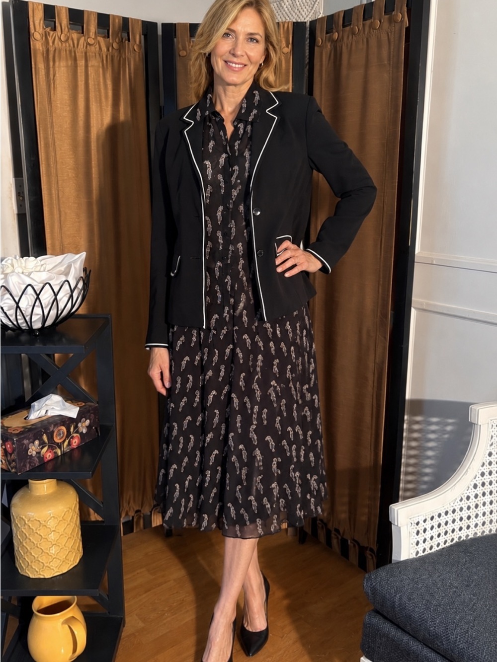 Vintage Black Blazer with White Piping Over Silk Printed Skirt & Blouse
